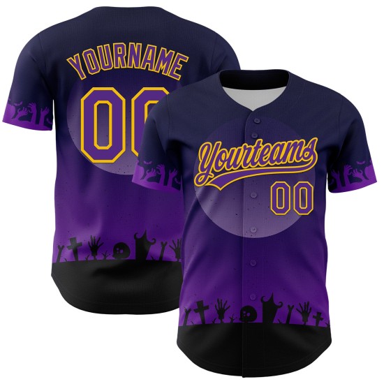 Jersey Totenkopf Custom Lila-Gelb Authentisches Halloween 3D Muster Schwarz Baseball Jersey Totenkopf Custom Lila-Gelb Authentisches Halloween 3D Muster Schwarz Baseball