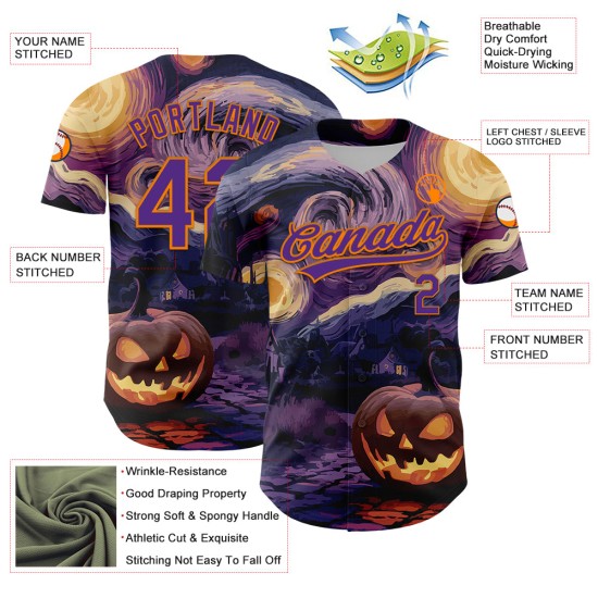 Bay Baseball Halloween Custom Authentic Jersey 3D Lila Orange Bay Baseball Halloween Custom Authentic Jersey 3D Lila Orange