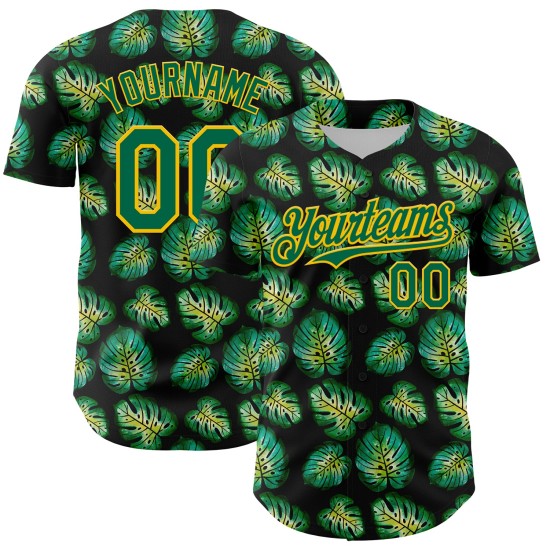 Monstera Jersey Custom Kelly Black Muster Authentisches Baseball Tropisches Grün-Gold 3D-Design Monstera Jersey Custom Kelly Black Muster Authentisches Baseball Tropisches Grün-Gold 3D-Design