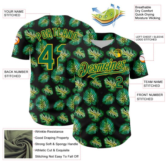 Monstera Jersey Custom Kelly Black Muster Authentisches Baseball Tropisches Grün-Gold 3D-Design Monstera Jersey Custom Kelly Black Muster Authentisches Baseball Tropisches Grün-Gold 3D-Design