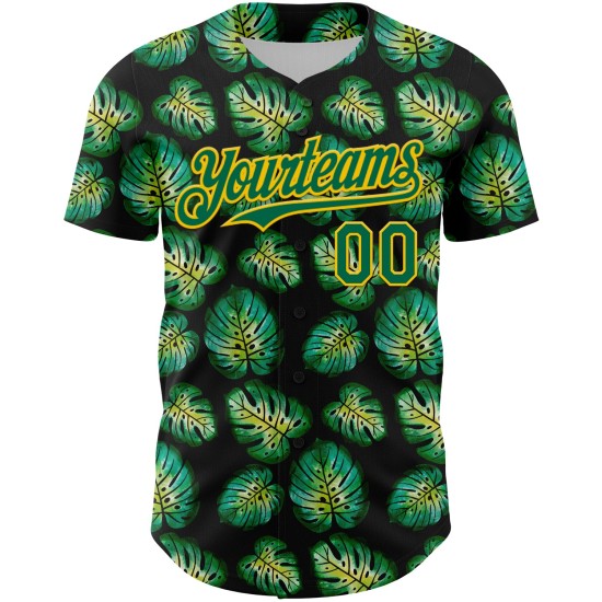 Monstera Jersey Custom Kelly Black Muster Authentisches Baseball Tropisches Grün-Gold 3D-Design Monstera Jersey Custom Kelly Black Muster Authentisches Baseball Tropisches Grün-Gold 3D-Design