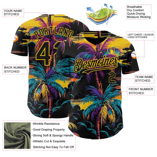 Authentische Schwarz Hawaii Palmen Gelb Custom Design Baseball Muster Jersey Bäume Tropical 3D Authentische Schwarz Hawaii Palmen Gelb Custom Design Baseball Muster Jersey Bäume Tropical 3D