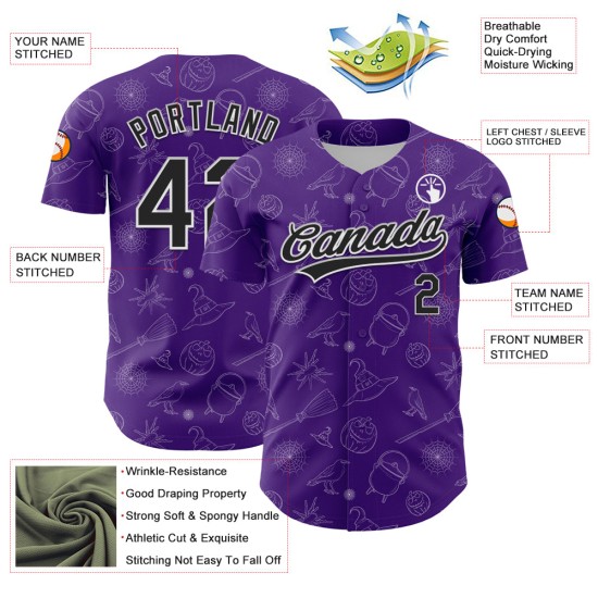 Baseball Authentic Custom Jersey 3D Lila Schwarz-Weiß Halloween Baseball Authentic Custom Jersey 3D Lila Schwarz-Weiß Halloween