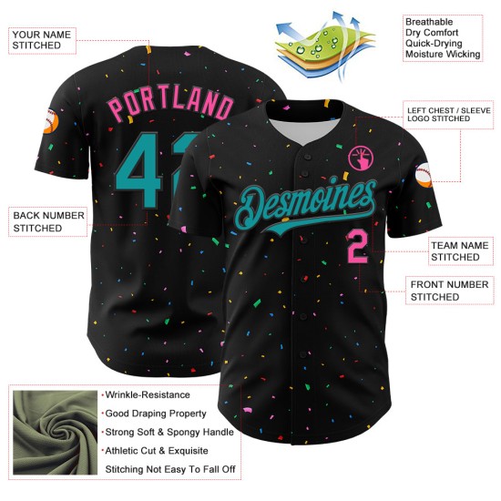 Benutzerdefinierte schwarz 3D Baseball Aqua-Pink Konfetti Design Jersey Muster authentisch Benutzerdefinierte schwarz 3D Baseball Aqua-Pink Konfetti Design Jersey Muster authentisch