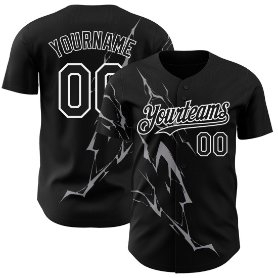 Blitz Grau-Weiß Muster Custom Authentic Jersey Baseball Schwarz 3D Design Blitz Grau-Weiß Muster Custom Authentic Jersey Baseball Schwarz 3D Design