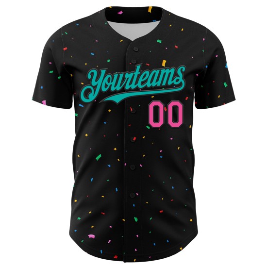 Benutzerdefinierte schwarz 3D Baseball Aqua-Pink Konfetti Design Jersey Muster authentisch Benutzerdefinierte schwarz 3D Baseball Aqua-Pink Konfetti Design Jersey Muster authentisch