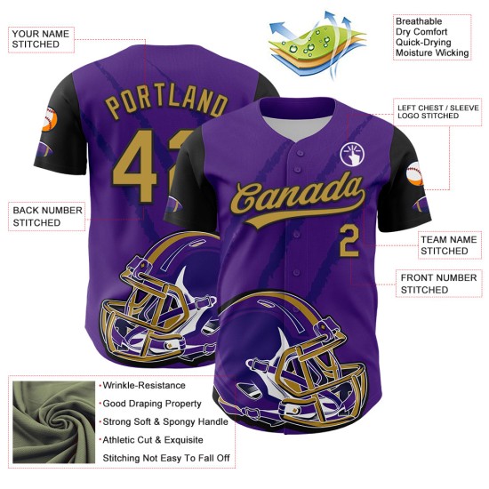 3D Lila Baseball Gold-Schwarze Klaue Custom Jersey Authentischer Footballhelm und altes Tiermuster-Design 3D Lila Baseball Gold-Schwarze Klaue Custom Jersey Authentischer Footballhelm und altes Tiermuster-Design