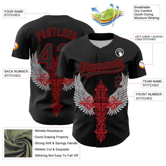 Stil Muster Mit Authentischen Jersey Design Kreuz Custom Rot 3D Gothic Baseball Schwarz Flügel Stil Muster Mit Authentischen Jersey Design Kreuz Custom Rot 3D Gothic Baseball Schwarz Flügel
