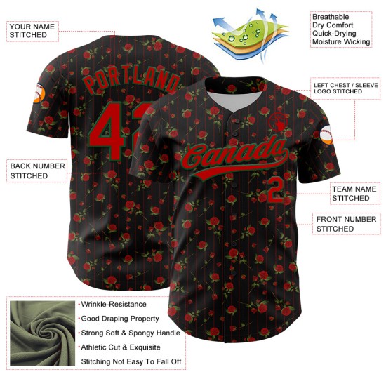 Benutzerdefinierte authentische Muster rot-grün Design Jersey Baseball Gothic schwarz 3D Rose Stil Benutzerdefinierte authentische Muster rot-grün Design Jersey Baseball Gothic schwarz 3D Rose Stil