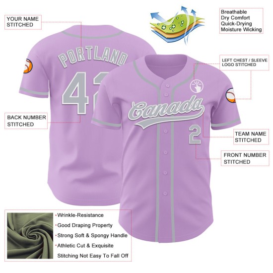Lila Custom Authentic Grau-Weiß Baseball Jersey Light Lila Custom Authentic Grau-Weiß Baseball Jersey Light