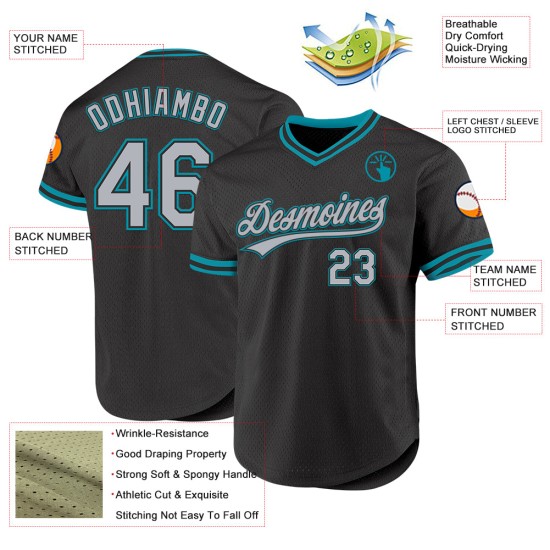 Baseball Jersey Grau-Blaugrün Throwback Authentic Custom Schwarz Baseball Jersey Grau-Blaugrün Throwback Authentic Custom Schwarz