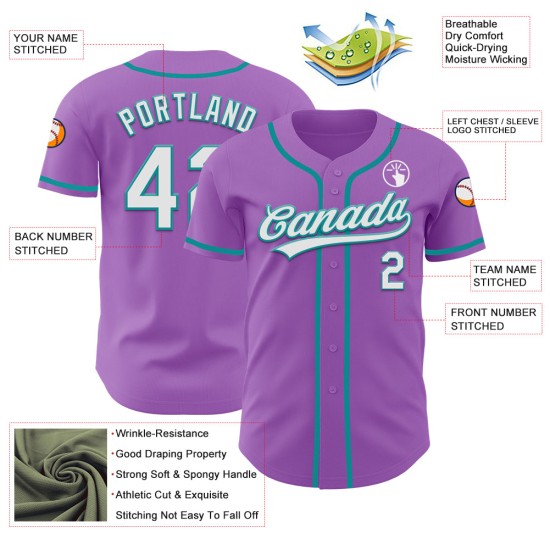 Benutzerdefinierte weiß-blaugrün lila Jersey authentische Medium Baseball Benutzerdefinierte weiß-blaugrün lila Jersey authentische Medium Baseball