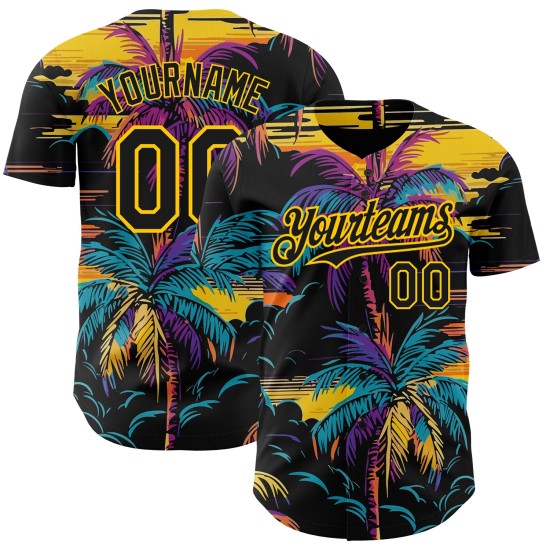 Authentische Schwarz Hawaii Palmen Gelb Custom Design Baseball Muster Jersey Bäume Tropical 3D Authentische Schwarz Hawaii Palmen Gelb Custom Design Baseball Muster Jersey Bäume Tropical 3D