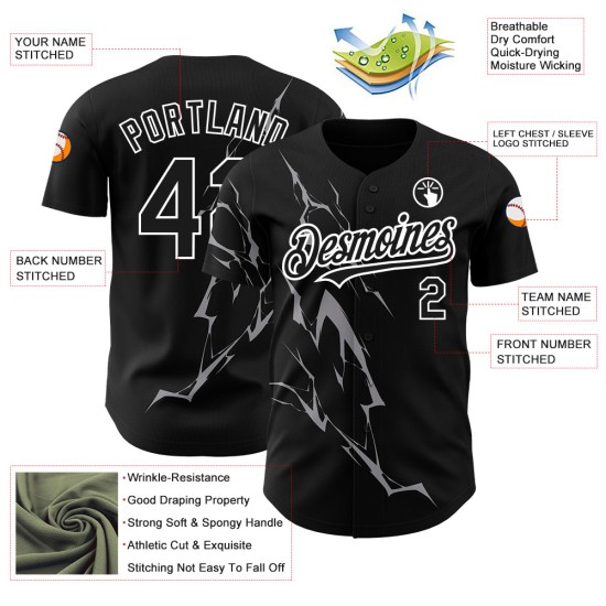 Blitz Grau-Weiß Muster Custom Authentic Jersey Baseball Schwarz 3D Design Blitz Grau-Weiß Muster Custom Authentic Jersey Baseball Schwarz 3D Design