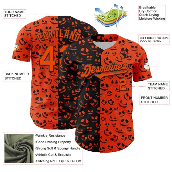 Orange Halloween Baseball Jersey Muster Custom Authentic Schwarz Design 3D Kürbis Rave Orange Halloween Baseball Jersey Muster Custom Authentic Schwarz Design 3D Kürbis Rave