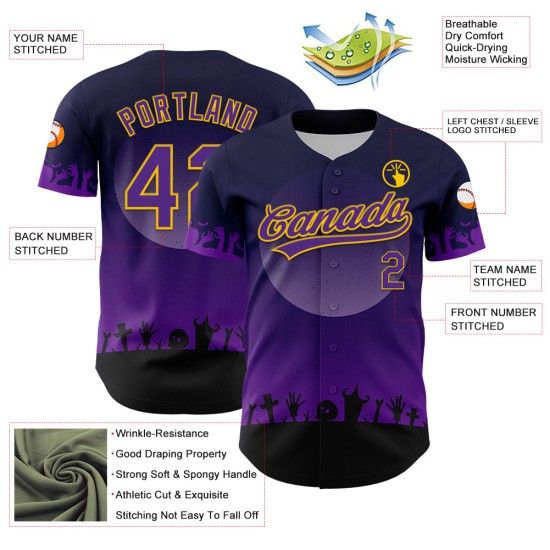 Jersey Totenkopf Custom Lila-Gelb Authentisches Halloween 3D Muster Schwarz Baseball Jersey Totenkopf Custom Lila-Gelb Authentisches Halloween 3D Muster Schwarz Baseball