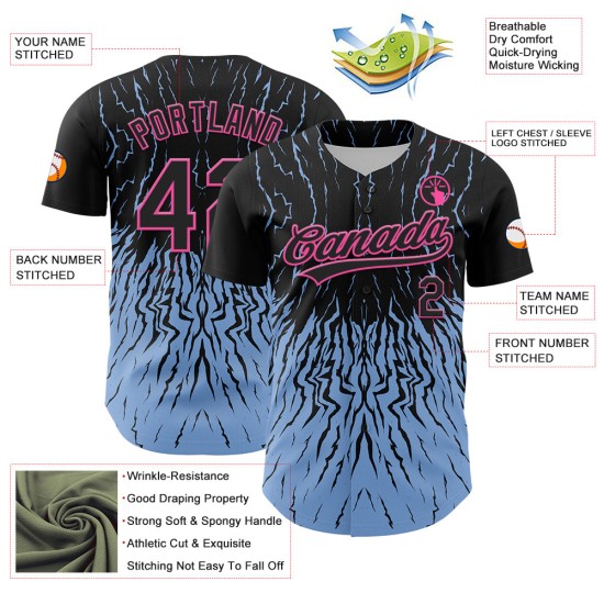 Leichtes authentisches individuelles Design Baseball Jersey 3D blau-rosa Welle schwarz abstraktes Muster Leichtes authentisches individuelles Design Baseball Jersey 3D blau-rosa Welle schwarz abstraktes Muster